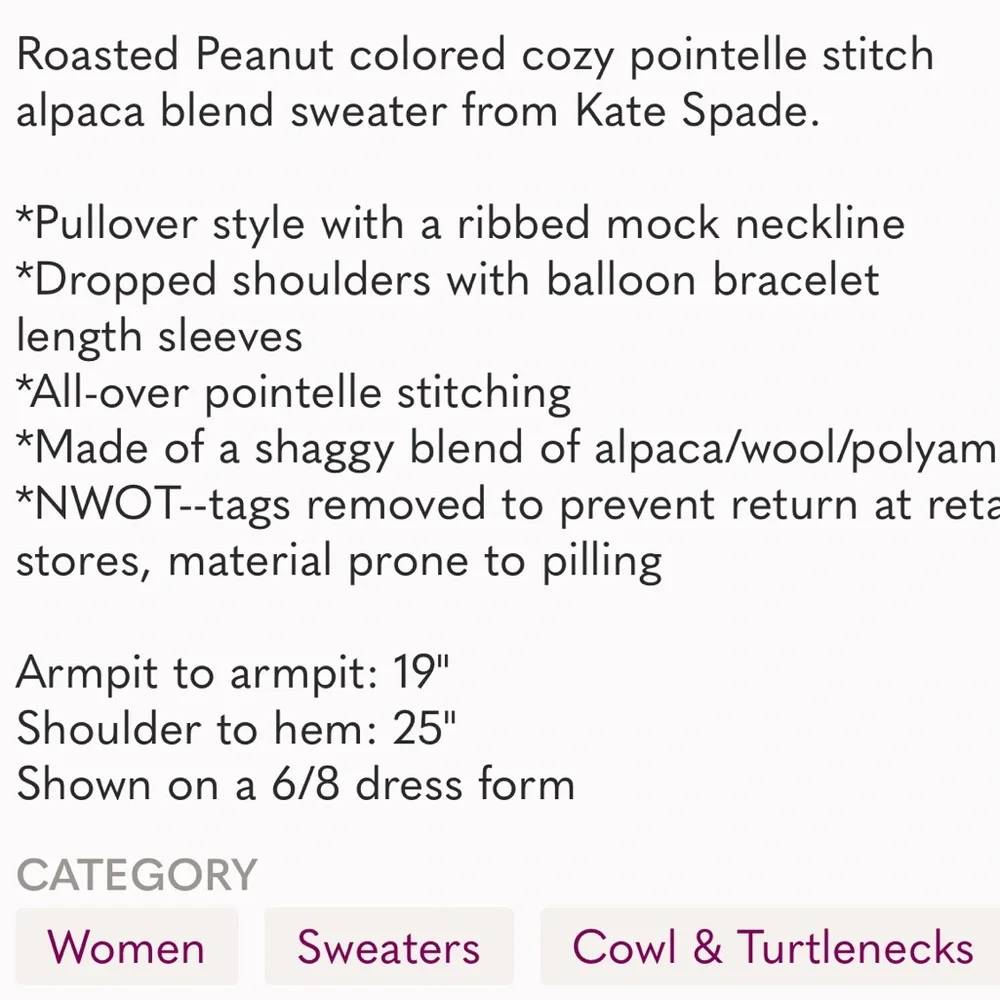NWOT  KATE SPADE Cozy Pointelle Alpaca Sweater, M